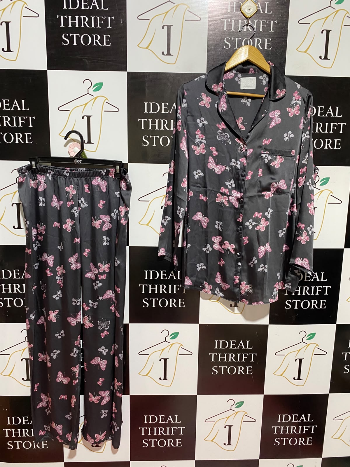TIME TO DREAM |L| A1| BLACK & PINK BUTTERFLY PRINT SATIN PYJAMA SET