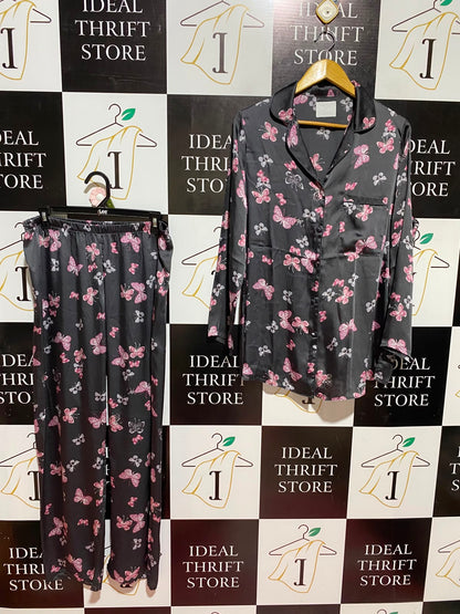 TIME TO DREAM |L| A1| BLACK & PINK BUTTERFLY PRINT SATIN PYJAMA SET