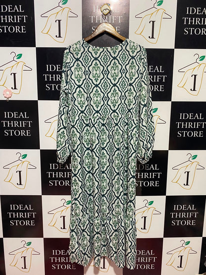 EMERY ROSE |L| BUST 21| A1| GREEN AND CREAM GEOMETRIC DAMASK PRINT KEYHOLE TIE MAXI DRESS
