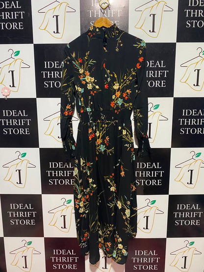 NANETTE |S| BUST 16| A1| BLACK BOHO FLORAL HIGH SHIRRED NECK HIGH-LOW MIDI DRESS