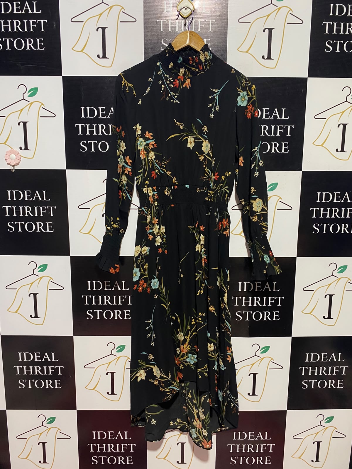 NANETTE |S| BUST 16| A1| BLACK BOHO FLORAL HIGH SHIRRED NECK HIGH-LOW MIDI DRESS