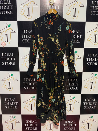 NANETTE |S| BUST 16| A1| BLACK BOHO FLORAL HIGH SHIRRED NECK HIGH-LOW MIDI DRESS