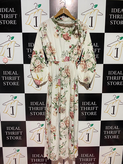 |M| BUST 17| A1| VINTAGE FLORAL PRINT HIGH NECK BOW COLLAR MAXI DRESS