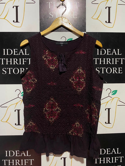 NEXT |M| BUST 19| A1| DEEP PLUM EMBROIDERED TASSEL NECK PEPLUM SLEEVELESS TOP