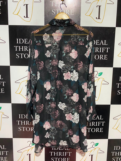 NEW LOOK |XL| BUST 23| A1| MATERNITY BLACK ROSE FLORAL SHEER BUTTON-DOWN TUNIC BLOUSE