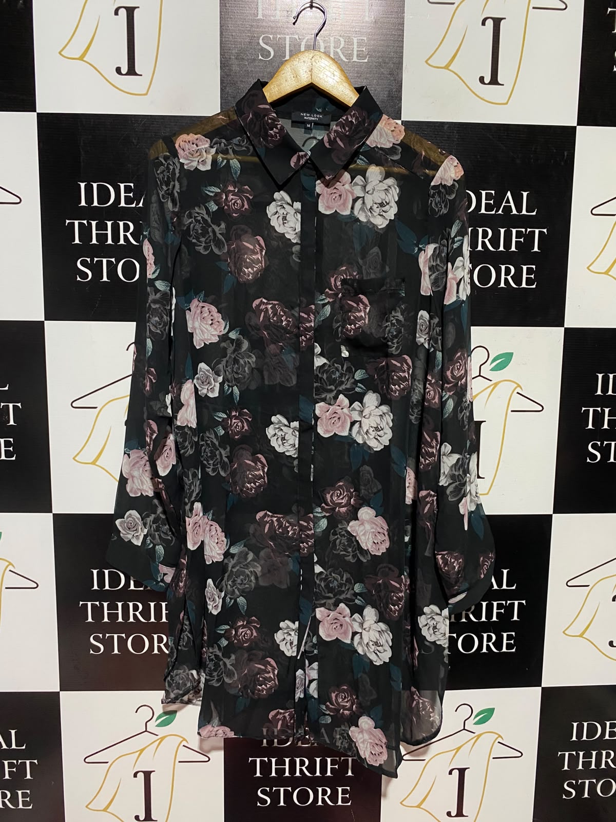 NEW LOOK |XL| BUST 23| A1| MATERNITY BLACK ROSE FLORAL SHEER BUTTON-DOWN TUNIC BLOUSE
