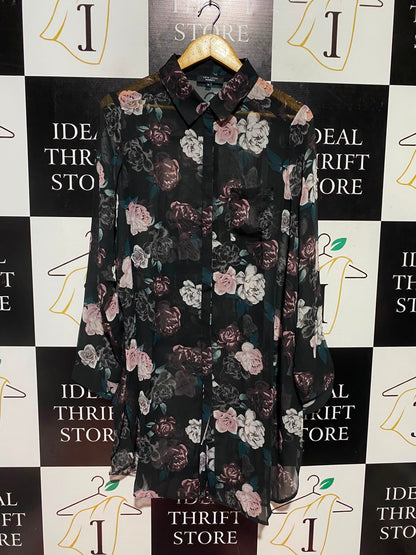 NEW LOOK |XL| BUST 23| A1| MATERNITY BLACK ROSE FLORAL SHEER BUTTON-DOWN TUNIC BLOUSE