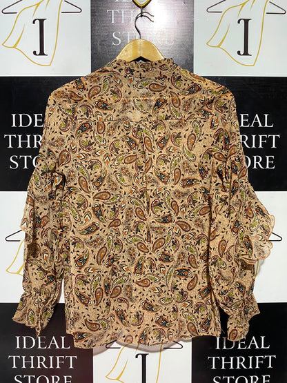 PAPAYA |S| BUST 18| A1| TAN PAISLEY PRINT RUFFLE SLEEVE TIE NECK BLOUSE