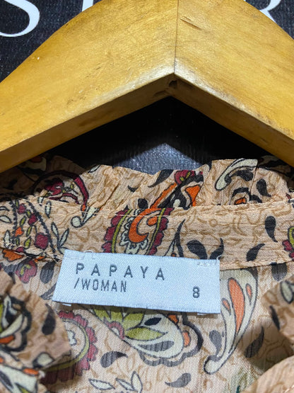 PAPAYA |S| BUST 18| A1| TAN PAISLEY PRINT RUFFLE SLEEVE TIE NECK BLOUSE