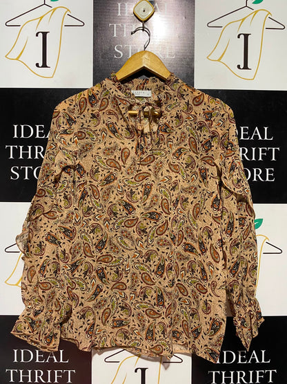 PAPAYA |S| BUST 18| A1| TAN PAISLEY PRINT RUFFLE SLEEVE TIE NECK BLOUSE