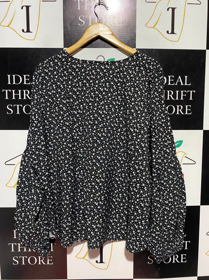 GEORGE |M| BUST 27| A1| BLACK & WHITE DITSY FLORAL PRINT V-NECK PEPLUM BLOUSE
