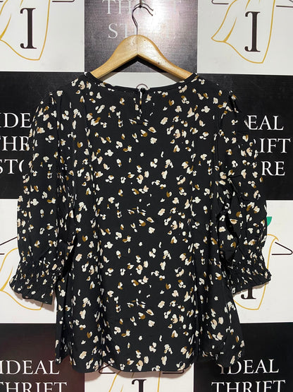|XL| BUST 21| A1| BLACK ABSTRACT ANIMAL DOTTED PRINT SHIRRED CUFF BLOUSE