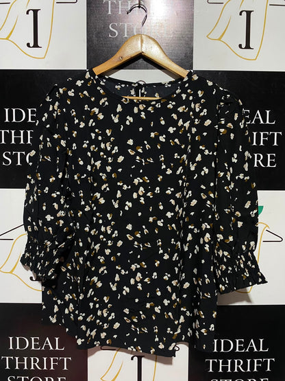|XL| BUST 21| A1| BLACK ABSTRACT ANIMAL DOTTED PRINT SHIRRED CUFF BLOUSE