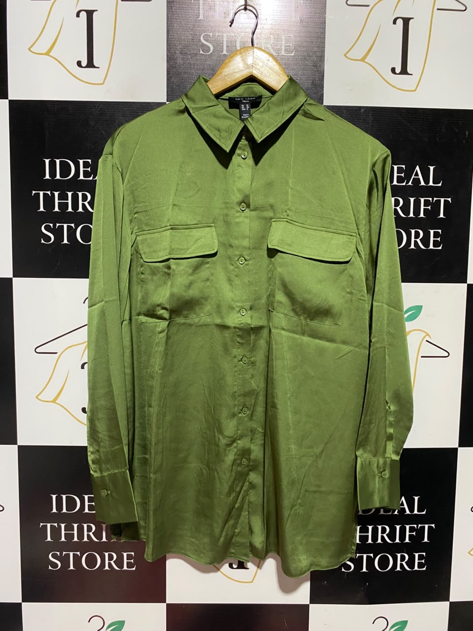 NEW LOOK |M| BUST 22| A1| TALL LIME GREEN SATIN BUTTON-DOWN UTILITY SHIRT