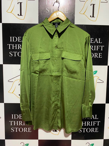 NEW LOOK |M| BUST 22| A1| TALL LIME GREEN SATIN BUTTON-DOWN UTILITY SHIRT