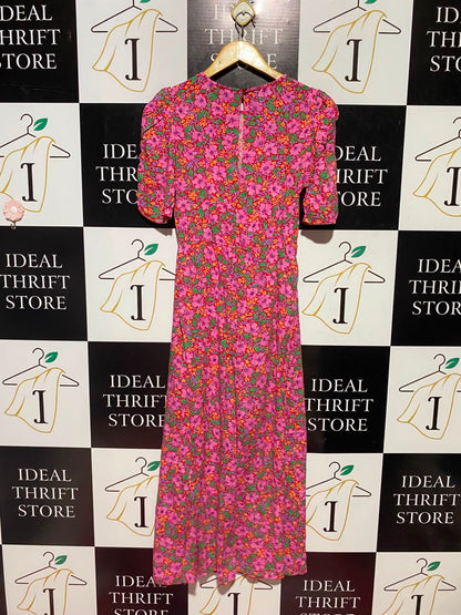 NEW LOOK |S| BUST 15| A1| VIBRANT PINK DITSY FLORAL PUFF SLEEVE MAXI DRESS