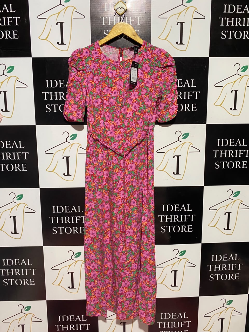 NEW LOOK |S| BUST 15| A1| VIBRANT PINK DITSY FLORAL PUFF SLEEVE MAXI DRESS