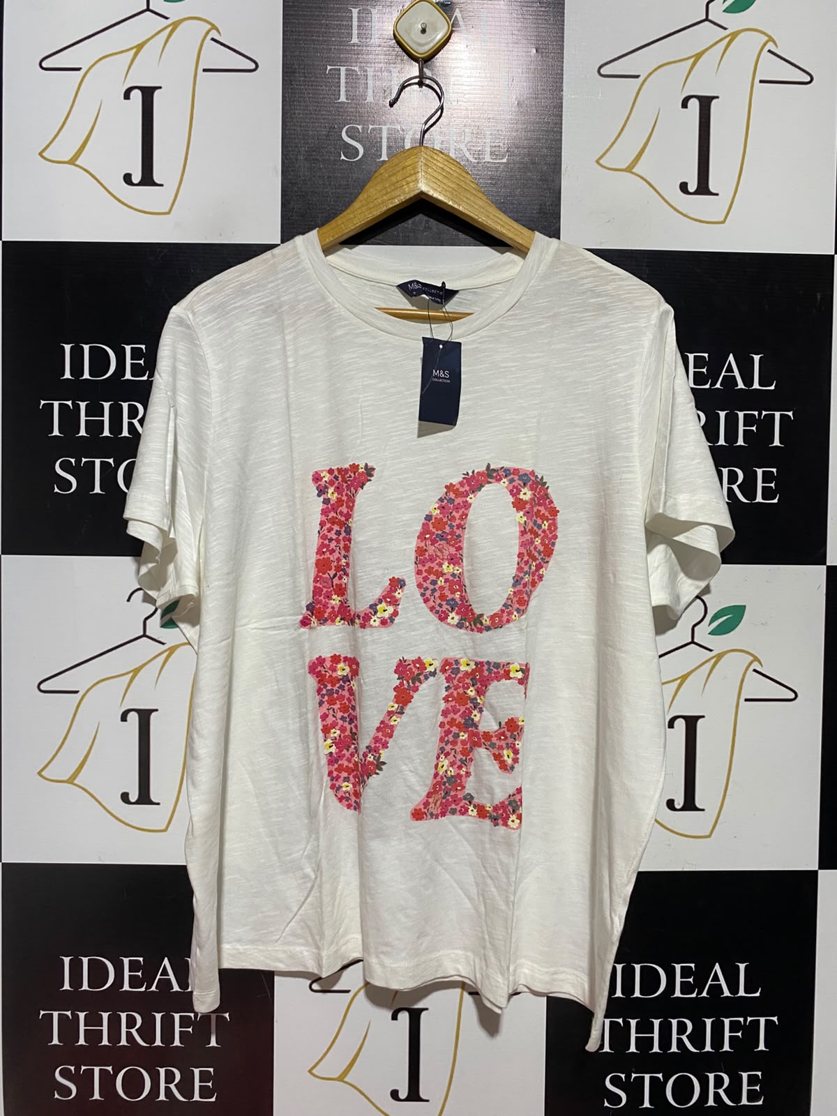 M&S |XL| BUST 25| B50| WHITE SLUB COTTON "LOVE" FLORAL GRAPHIC T-SHIRT