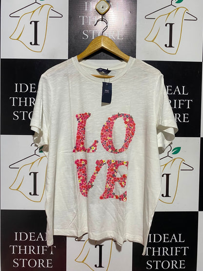 M&S |XL| BUST 25| B50| WHITE SLUB COTTON "LOVE" FLORAL GRAPHIC T-SHIRT
