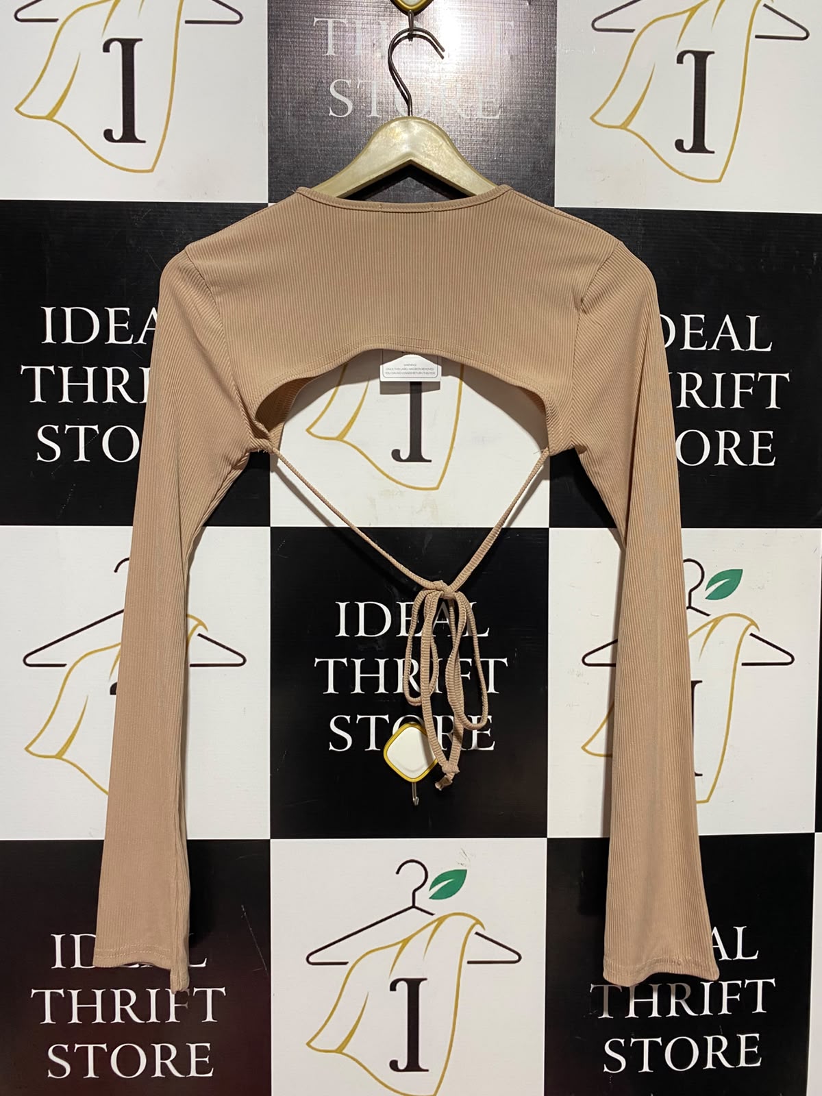 STYLEWISE |XS| BUST 13| B50| BEIGE RIBBED FRONT CUT-OUT TIE-WAIST SHRUG TOP