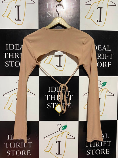 STYLEWISE |XS| BUST 13| B50| BEIGE RIBBED FRONT CUT-OUT TIE-WAIST SHRUG TOP