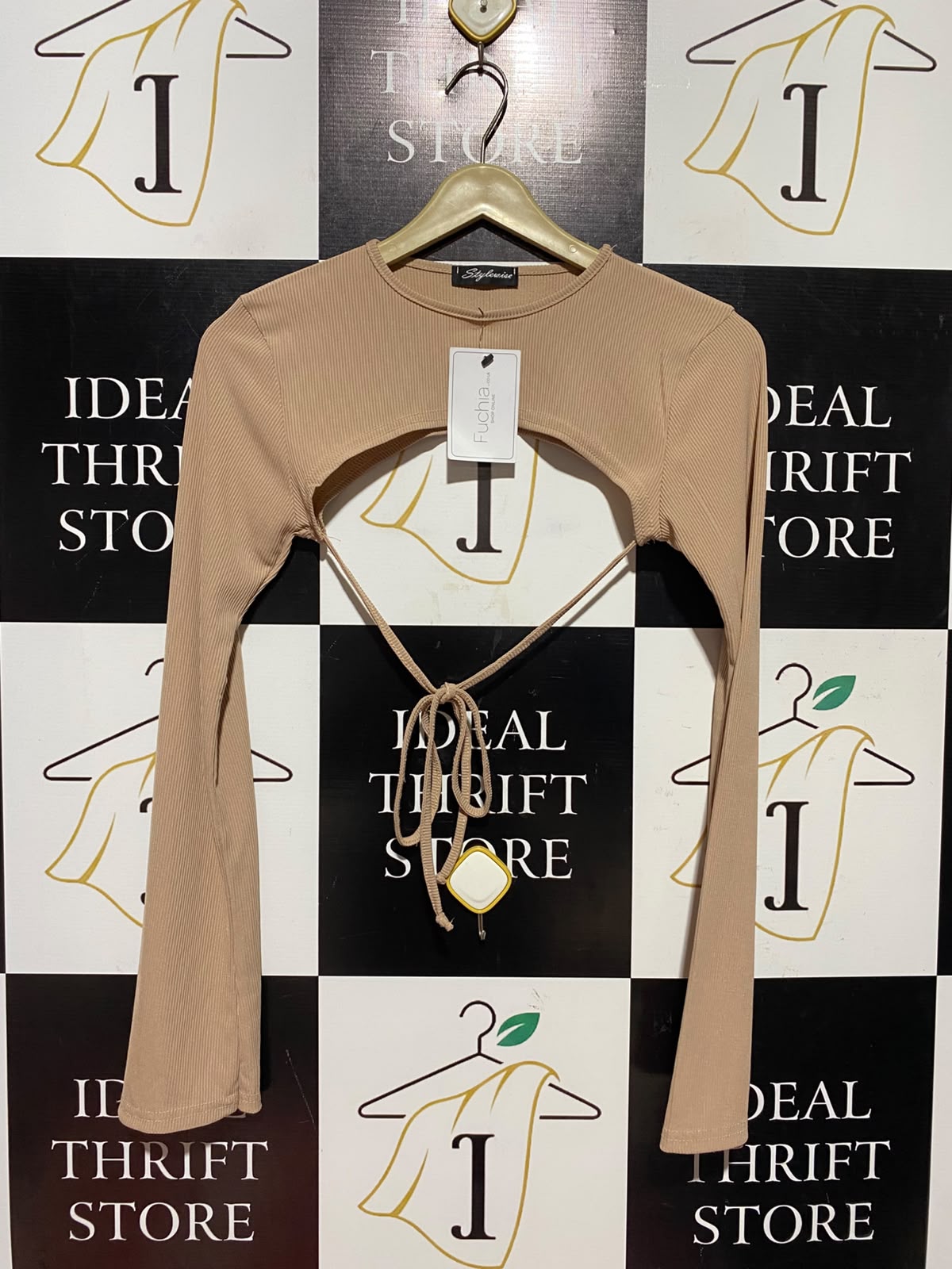 STYLEWISE |XS| BUST 13| B50| BEIGE RIBBED FRONT CUT-OUT TIE-WAIST SHRUG TOP