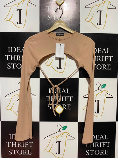 STYLEWISE |XS| BUST 13| B50| BEIGE RIBBED FRONT CUT-OUT TIE-WAIST SHRUG TOP