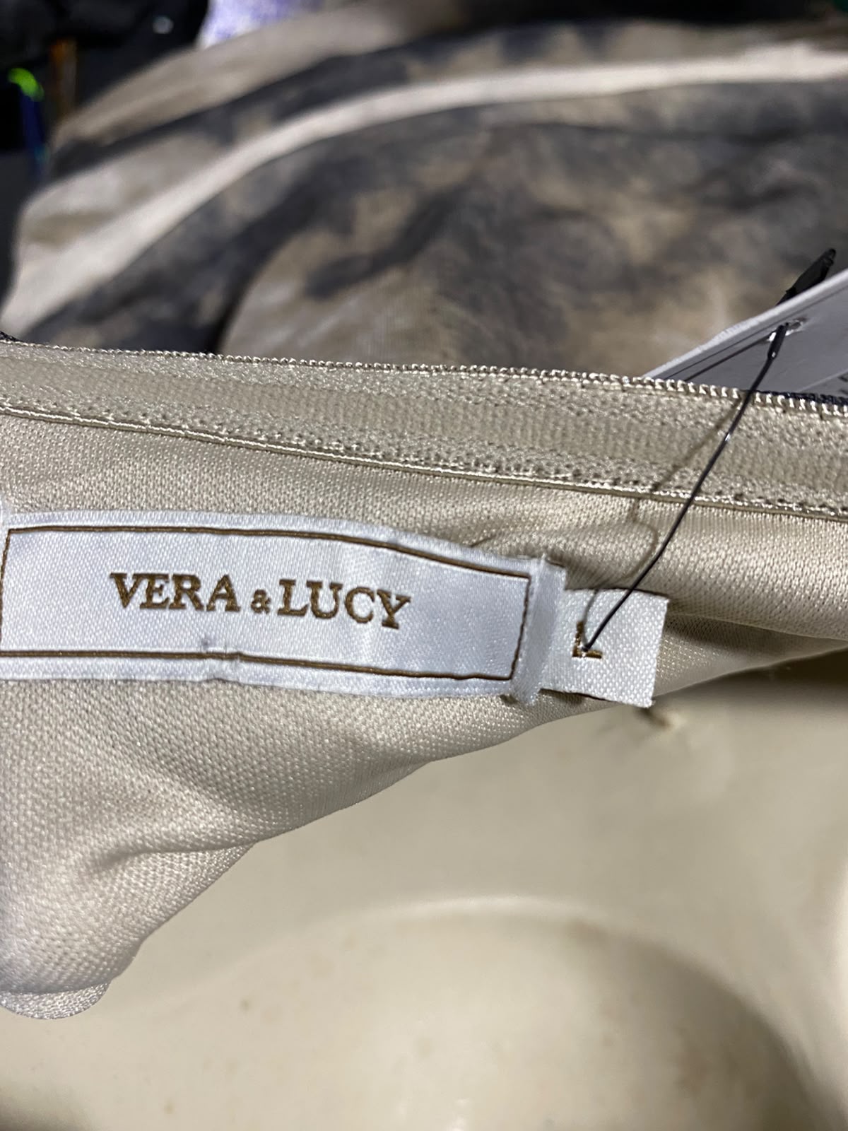 VERA & LUCY |L| BUST 16| B50| BEIGE & CHARCOAL GREY ABSTRACT TIE-DYE STRAPLESS RUCHED MESH BODYCON DRESS