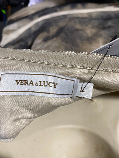 VERA & LUCY |L| BUST 16| B50| BEIGE & CHARCOAL GREY ABSTRACT TIE-DYE STRAPLESS RUCHED MESH BODYCON DRESS