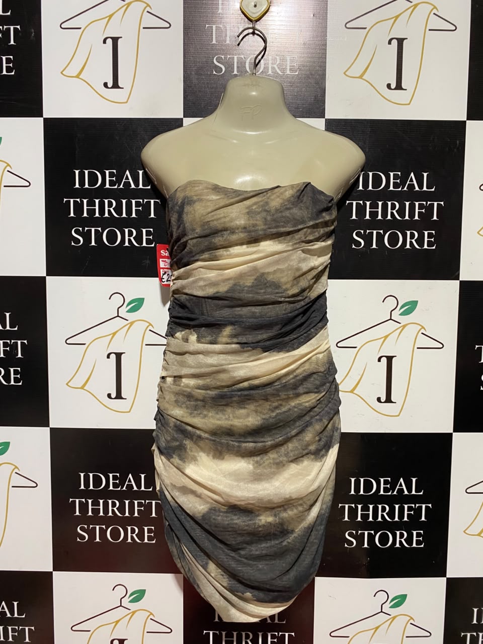 VERA & LUCY |L| BUST 16| B50| BEIGE & CHARCOAL GREY ABSTRACT TIE-DYE STRAPLESS RUCHED MESH BODYCON DRESS