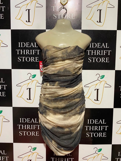 VERA & LUCY |L| BUST 16| B50| BEIGE & CHARCOAL GREY ABSTRACT TIE-DYE STRAPLESS RUCHED MESH BODYCON DRESS