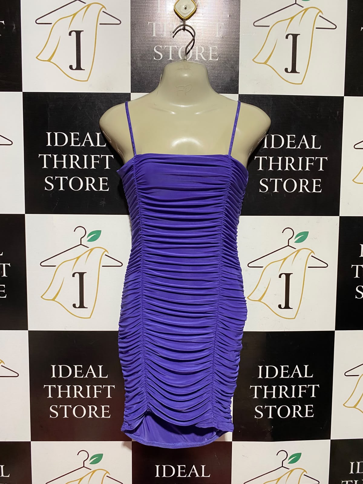 FUCHIA |S| BUST 15| B50| PURPLE RUCHED SPAGHETTI STRAP BODYCON MINI DRESS