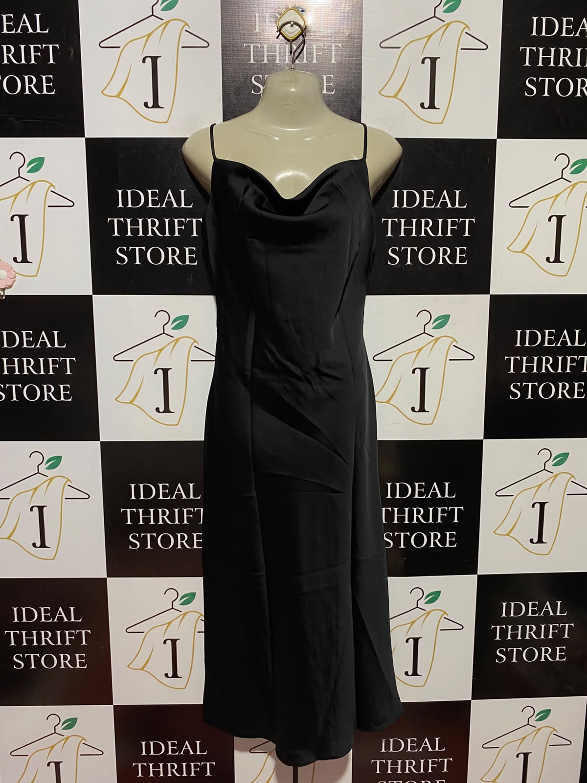 RIVER ISLAND |S| BUST 17| B50| BLACK COWL NECK SPAGHETTI STRAP SLIP MIDI DRESS