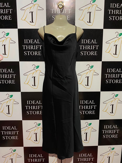RIVER ISLAND |S| BUST 17| B50| BLACK COWL NECK SPAGHETTI STRAP SLIP MIDI DRESS