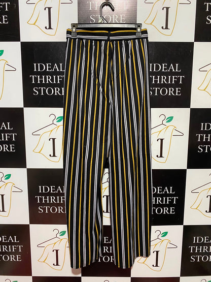 |S/M| WAIST 27| B50| BLACK YELLOW AND WHITE STRIPED TIE-WAIST WIDE-LEG PANTS