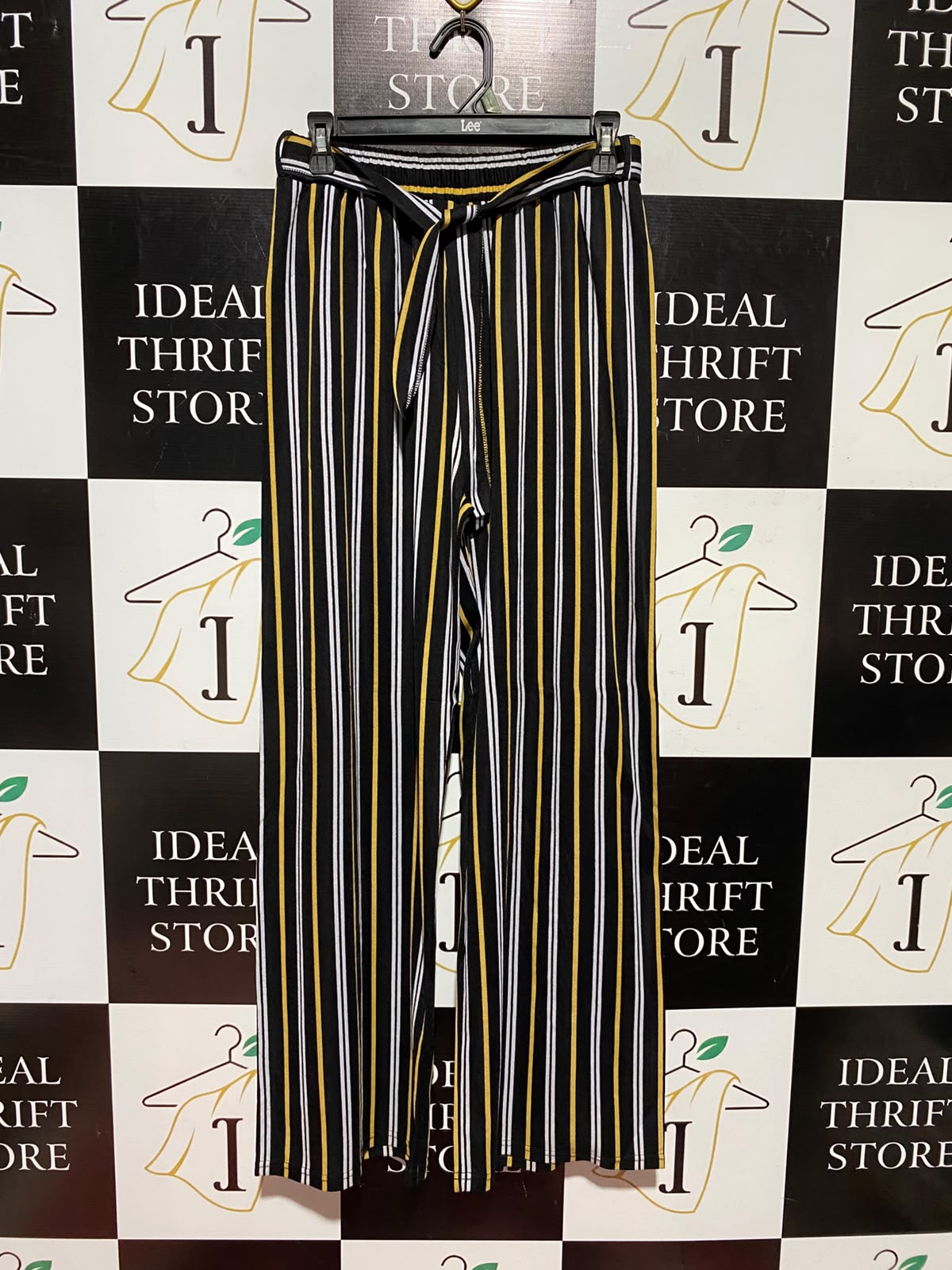 |S/M| WAIST 27| B50| BLACK YELLOW AND WHITE STRIPED TIE-WAIST WIDE-LEG PANTS