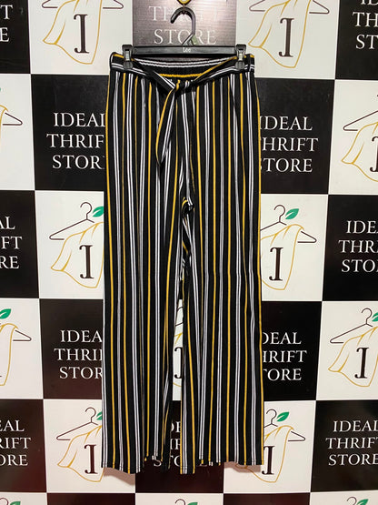|S/M| WAIST 27| B50| BLACK YELLOW AND WHITE STRIPED TIE-WAIST WIDE-LEG PANTS