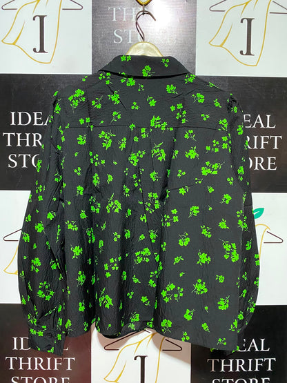 NOBODYS CHILD |L| BUST 23| B50| BLACK AND NEON GREEN FLORAL LONG-SLEEVE BUTTON-DOWN BLOUSE