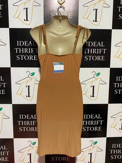 PREMIER GLAM |S| BUST 15| B50| CAMEL RUCHED TIE-STRAP BODYCON MINI DRESS