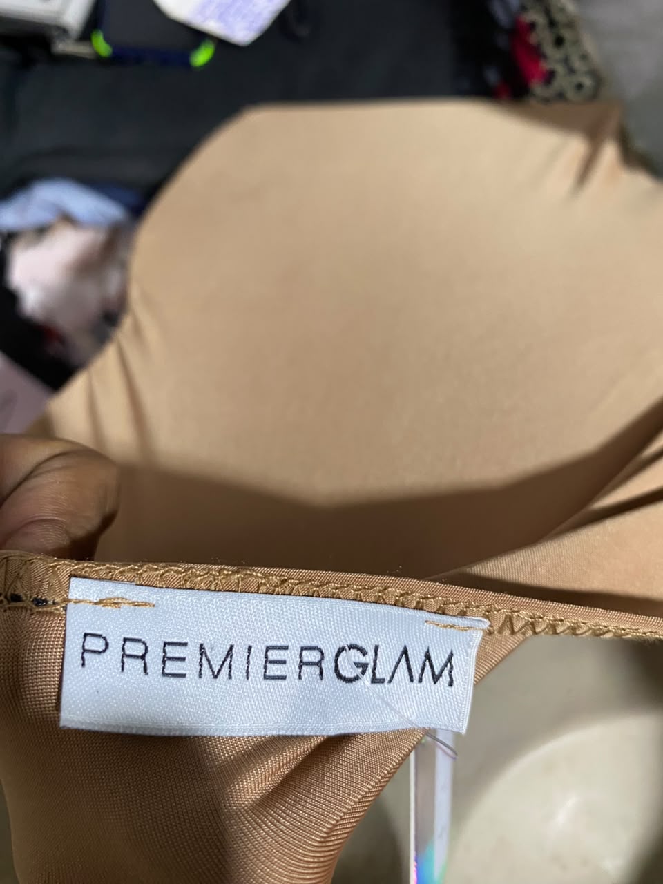 PREMIER GLAM |S| BUST 15| B50| CAMEL RUCHED TIE-STRAP BODYCON MINI DRESS