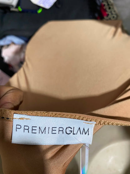 PREMIER GLAM |S| BUST 15| B50| CAMEL RUCHED TIE-STRAP BODYCON MINI DRESS