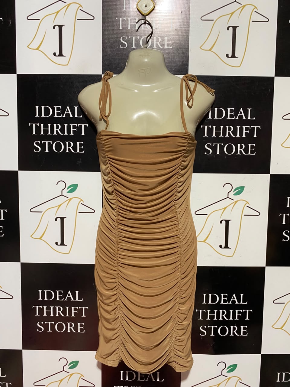 PREMIER GLAM |S| BUST 15| B50| CAMEL RUCHED TIE-STRAP BODYCON MINI DRESS