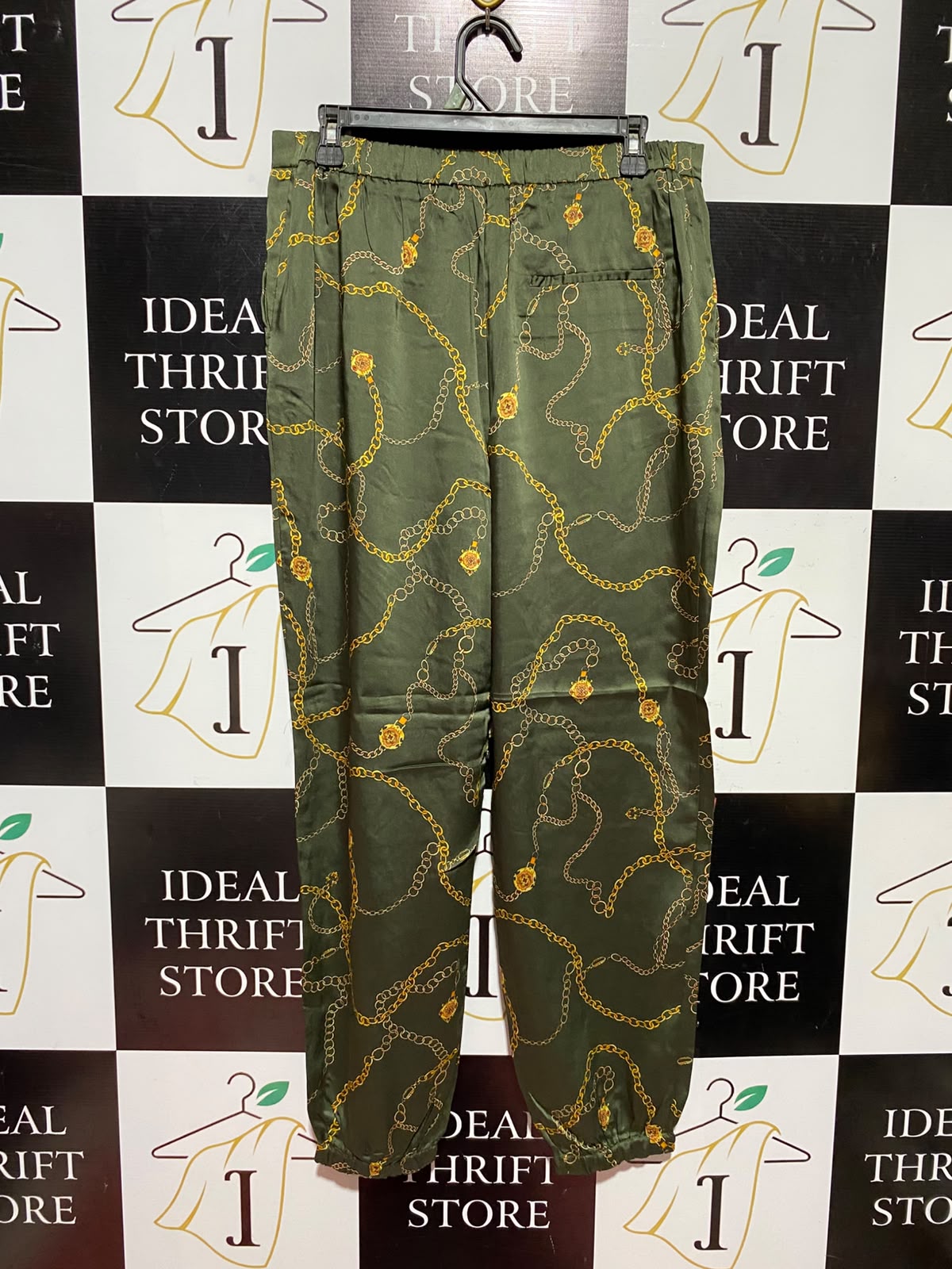 MNG |L| WAIST 32| B50| OLIVE GREEN SATIN GOLD CHAIN PRINT JOGGER PANTS