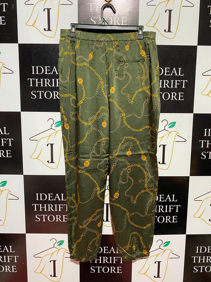 MNG |L| WAIST 32| B50| OLIVE GREEN SATIN GOLD CHAIN PRINT JOGGER PANTS