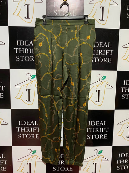 MNG |L| WAIST 32| B50| OLIVE GREEN SATIN GOLD CHAIN PRINT JOGGER PANTS