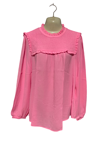 M&S |M| BUST 19| A1| CHIC BUBBLEGUM PINK SMOCKED BIB BLOUSE WITH RUFFLE TRIM AND LONG SLEEVES