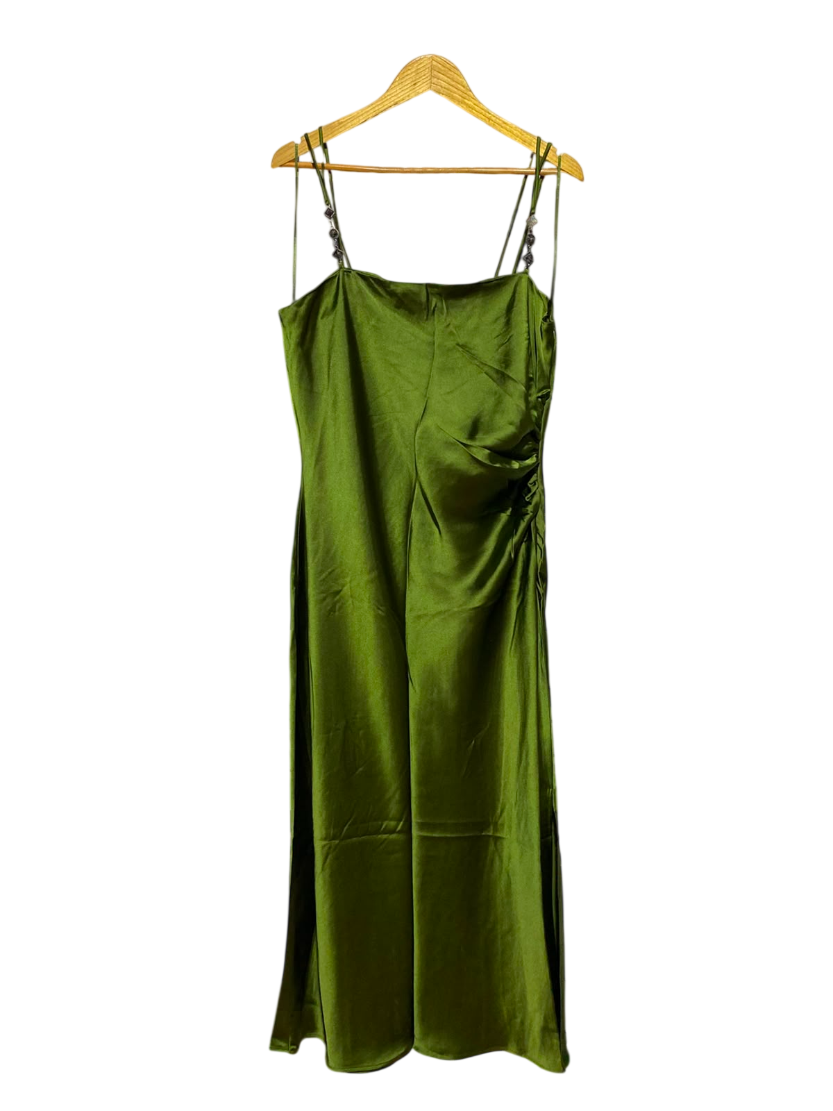 ZARA |XL| BUST 20| A1| LUXURIOUS OLIVE GREEN SATIN SLIP MIDI DRESS WITH EMBELLISHED STRAPS AND SIDE RUCHING