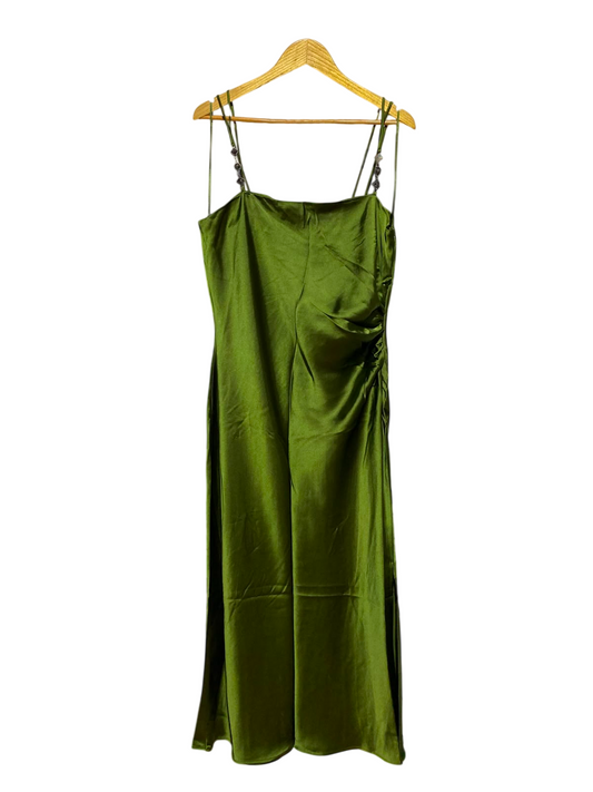 ZARA |XL| BUST 20| A1| LUXURIOUS OLIVE GREEN SATIN SLIP MIDI DRESS WITH EMBELLISHED STRAPS AND SIDE RUCHING
