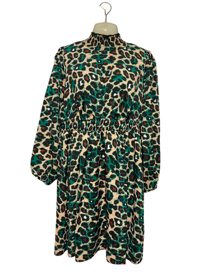 SHEIN CURVE |XL| BUST 19| A1| VIBRANT EMERALD GREEN AND TAN LEOPARD PRINT SMOCKED MOCK NECK MIDI DRESS