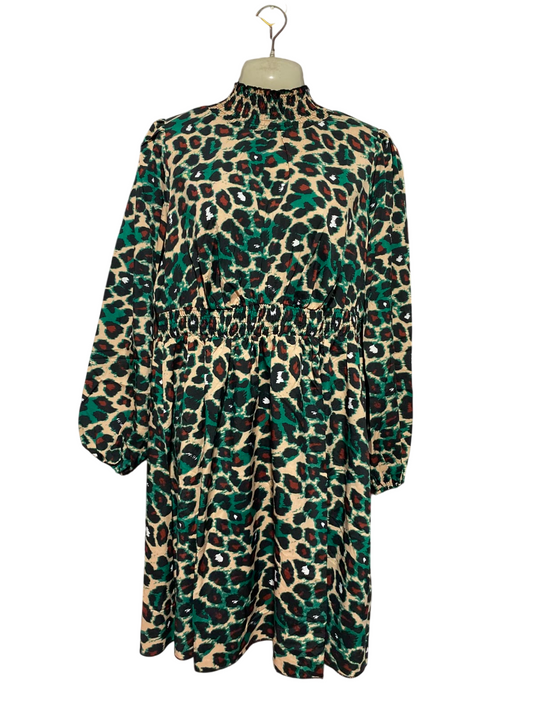 SHEIN CURVE |XL| BUST 19| A1| VIBRANT EMERALD GREEN AND TAN LEOPARD PRINT SMOCKED MOCK NECK MIDI DRESS